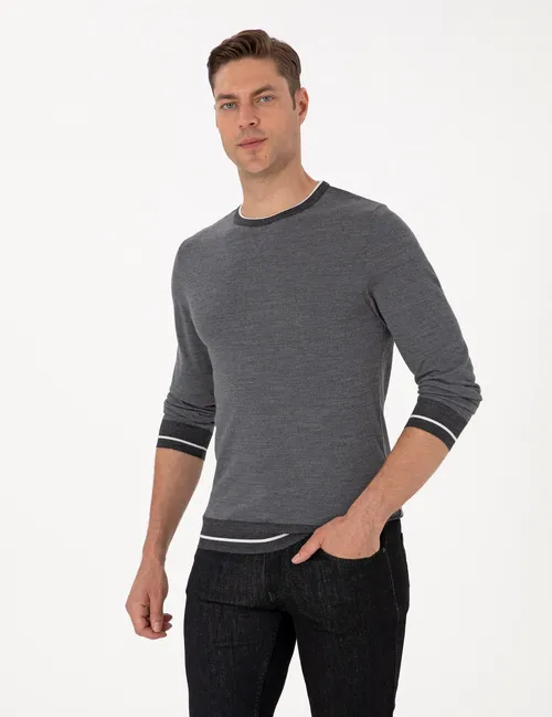 Slim Fit ýüň jemper (çal melanž) - 28854894