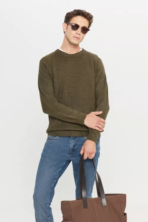 Haki reňkli Standard Fit žakkard trikotaž jemperi - 28856553