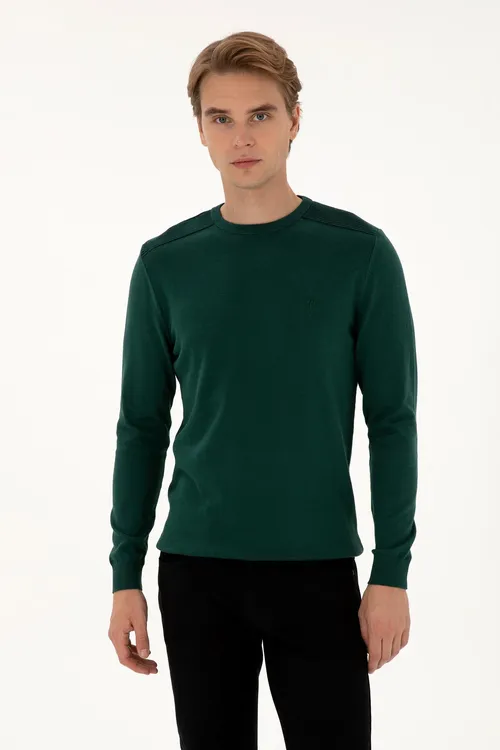 Erkek Slim Fit Tegelek Ýaka Ýaşyl Basic Jempir 50307779- Vr054 - 37039817