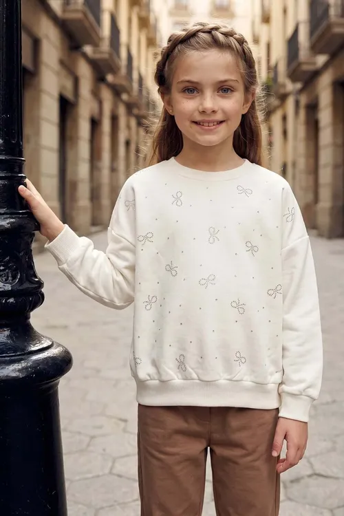Taşlı Bantik Nagyşly Tegelek Ýaka Salaş Gyz Çaga Sweatshirt - 37020980