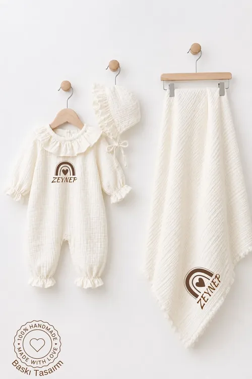 Gyz bäbek üçin ady ýazylan çaga dogrulýan öýden çykaryş 3 bölekli muslin täze doglan çaga kombez telpek odeýal toplumy çaga sowgady - 36995256