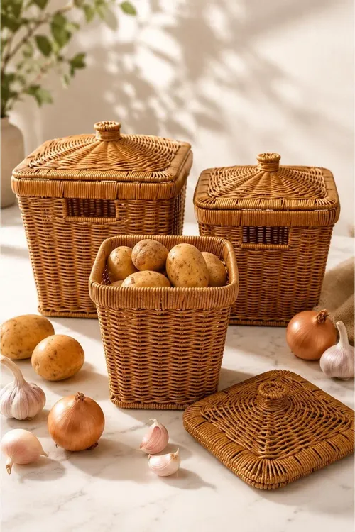 3' Lü Dörtburç Patates Soğan Sarımsak Sepeti Seti- Rattan Düzenleyici Ýapylýan Sebzelik Soğanlık - 37056677