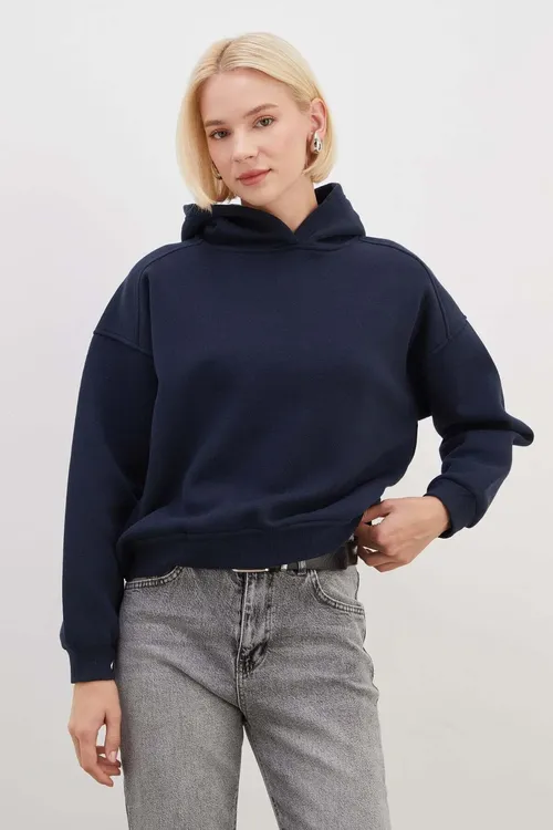 3 Ýüplük Nervürlü Kapuşonly Giň Sweatshirt - 37019252
