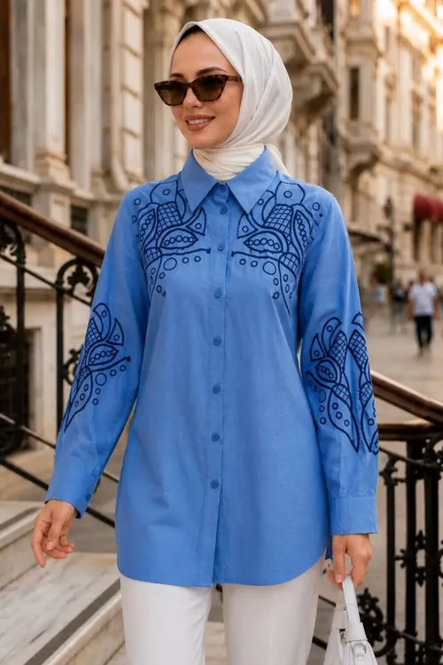 Nakış Detally Poplin Gök-mawy Gögi Tesettür Köýnek 15697im - 37086703