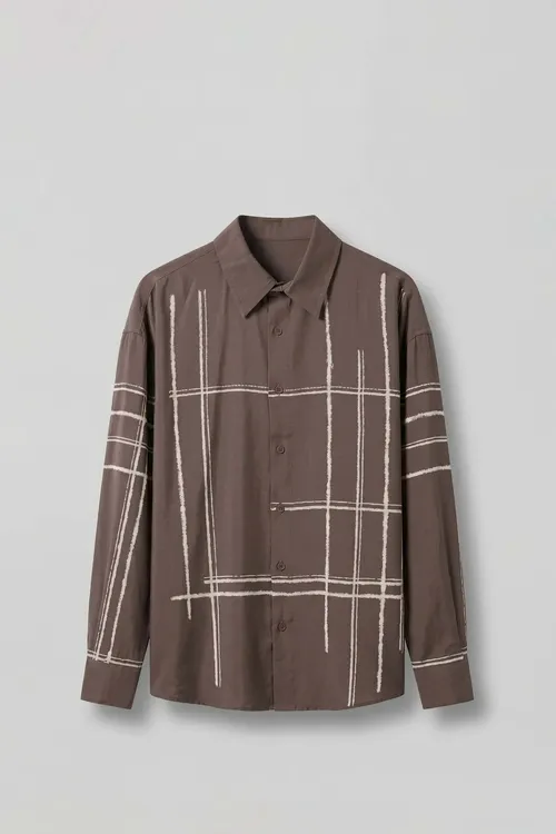 Erkek Giň Flok Çyzykly Ýeňli Tencel Köýnek Goňur - 37059137