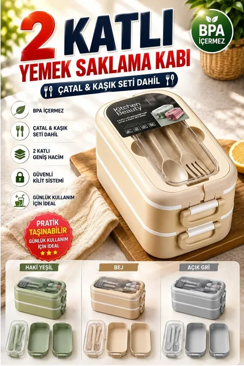 2 Gatly Bölmeli Taşınabilir Yemek Kabı Lunch Box Diyet Beslenme Kutusu Saklama Kabı Çatal Kaşık Sefer Tası - 37085927