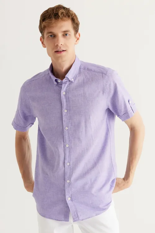 Lila zygyr slim fit dar kesim düwmeli ýaka köýnek - 33990864