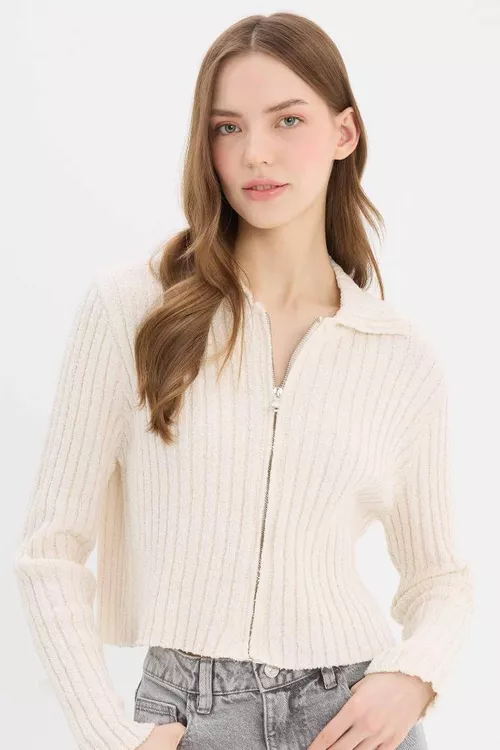 Syдыrmaly we polo ýakaly Slim Fit trikotaž kardigany - 26458599