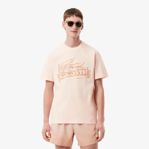 Lacoste erkek adamlar üçin klassyk biçüwli (classic fit), tegelek ýakaly, bägül reňkli printli t-shirt - 28861125