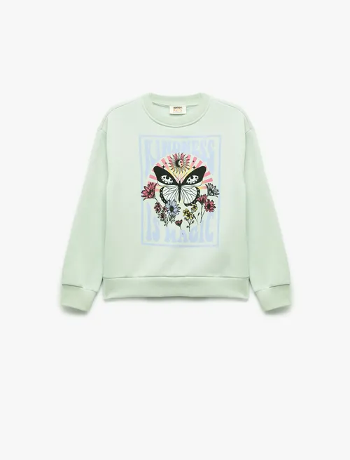 Uzyn ýeňli, tegelek ýakaly, pagta, kebelek printli sweatshirt - 28835208